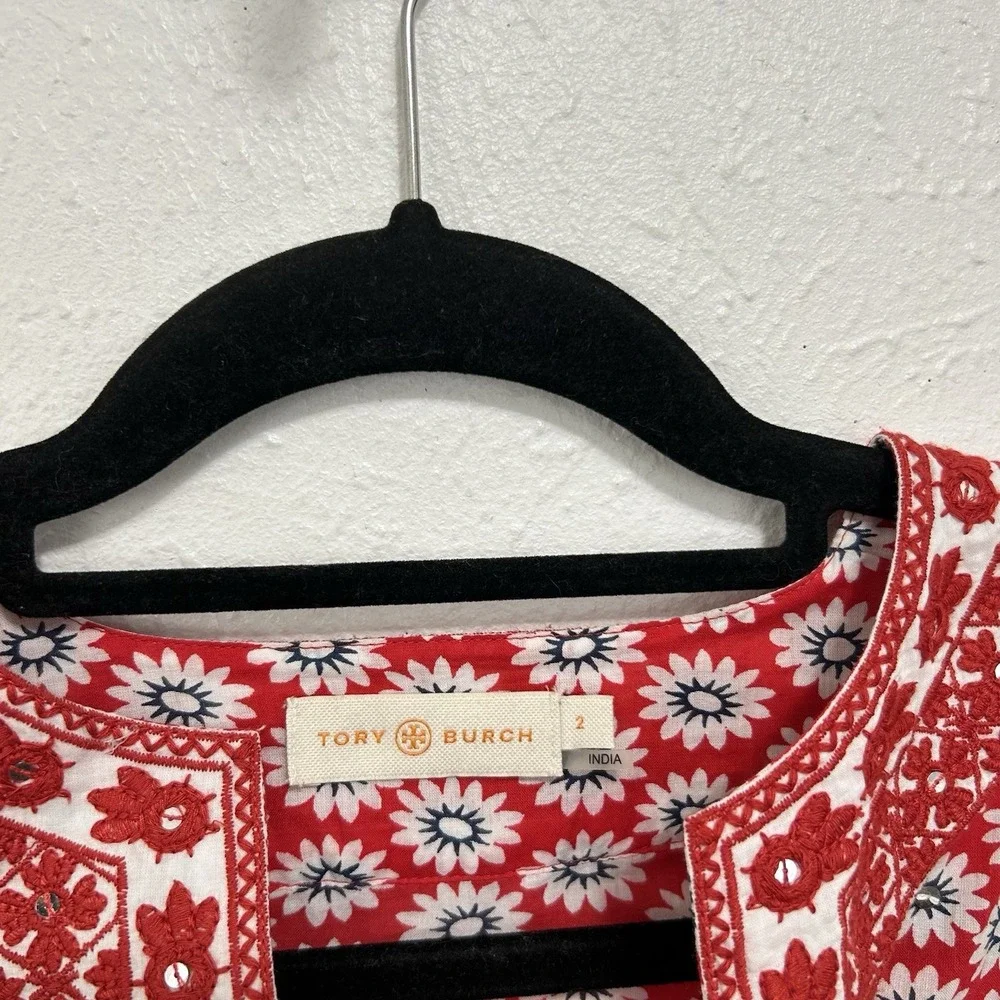 Tory Burch Jayne‎ Mod Flower Embroidered Tunic Top Size 2 Cotton Red Floral Boho